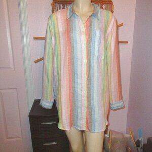 Gap Rainbow Stripe Linen Boyfriend Shirt Size L Button Up Long Sleeves Oversized